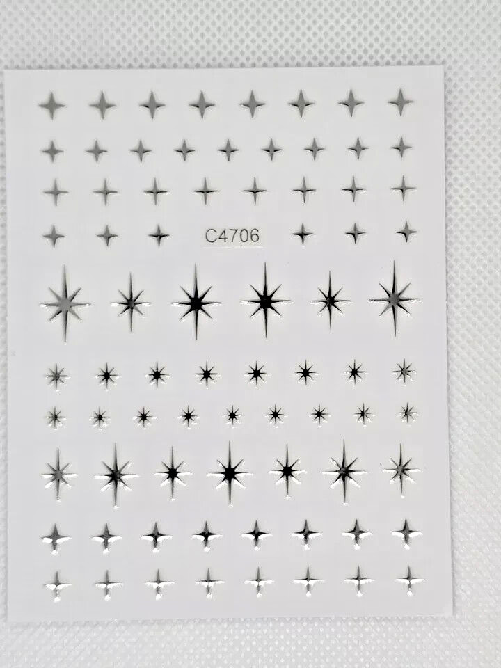 Nail Art Stickers Metallic SILVER Star Moon Heart Cross Christmas Decals