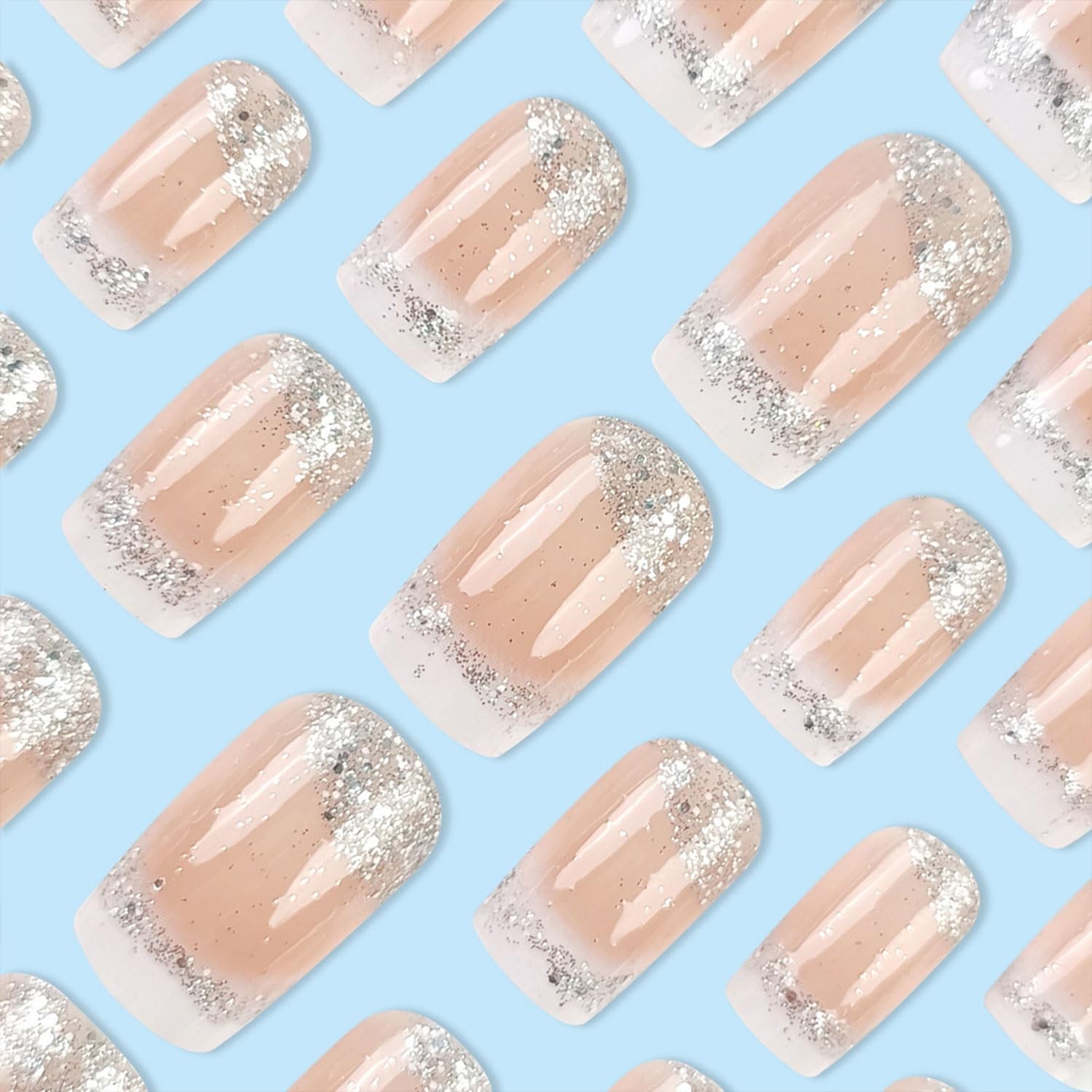 Medium Press on Nails Square Fake Nails French Tips Nails Press Ons Silver Gl…