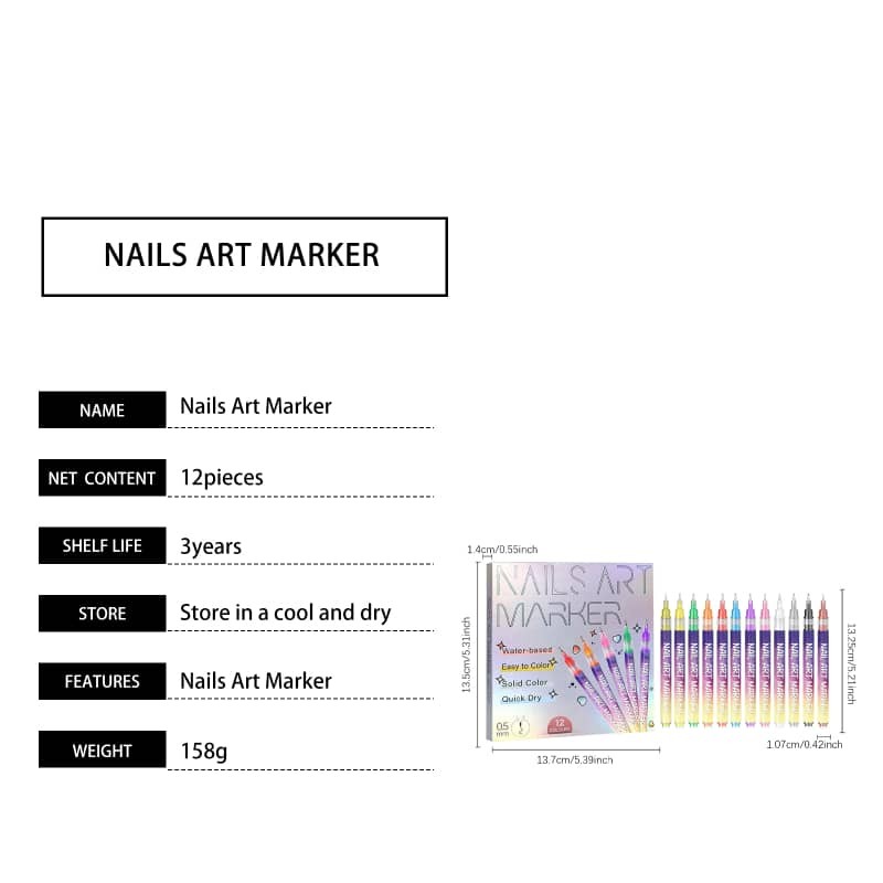 12 Color Nail Art Marker Pen Set Waterproof Quick Dry Fine Tip Nail Painting Pen
