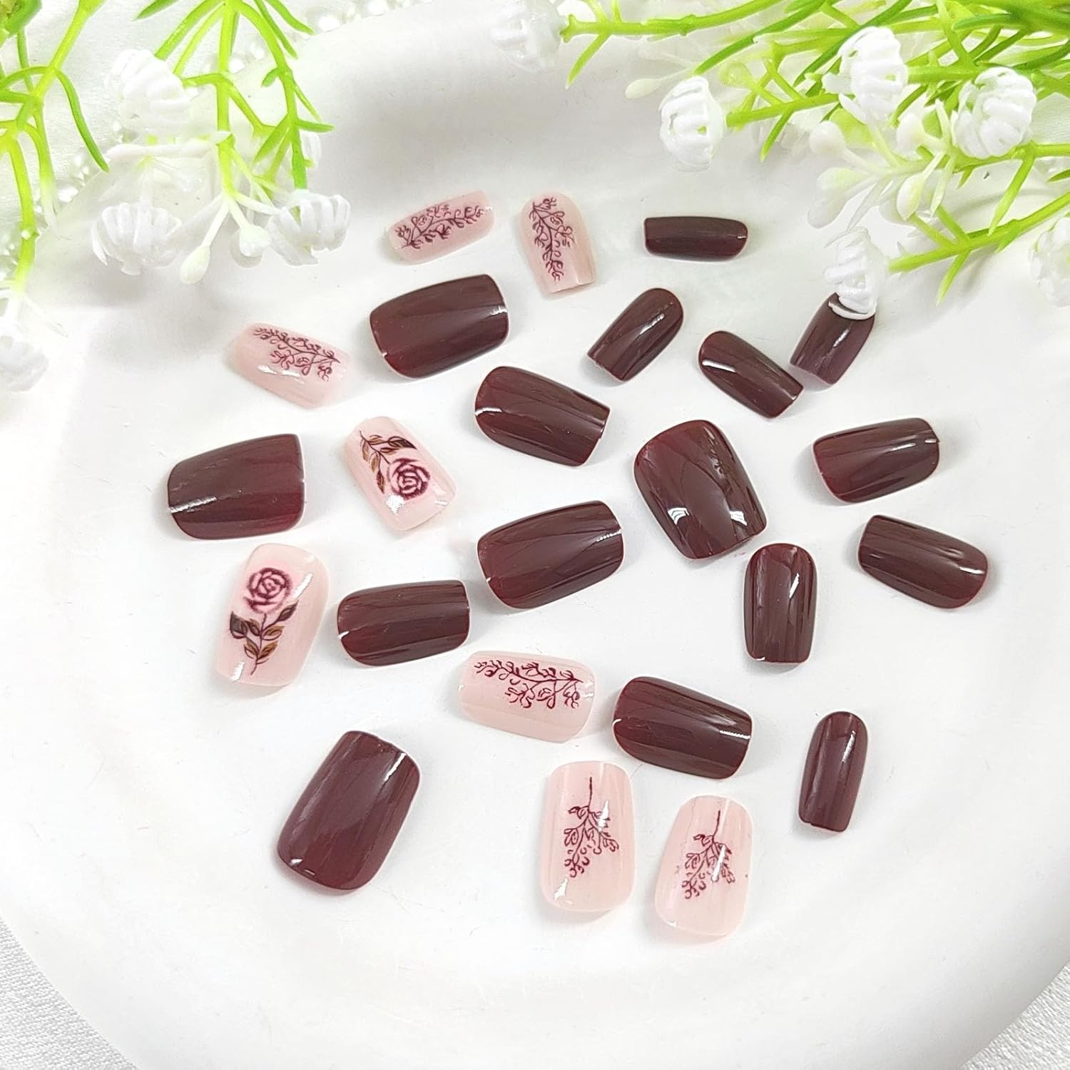 Fall Press on Nails Short False Nails with Pink Rose Leaves Designs Square Nails