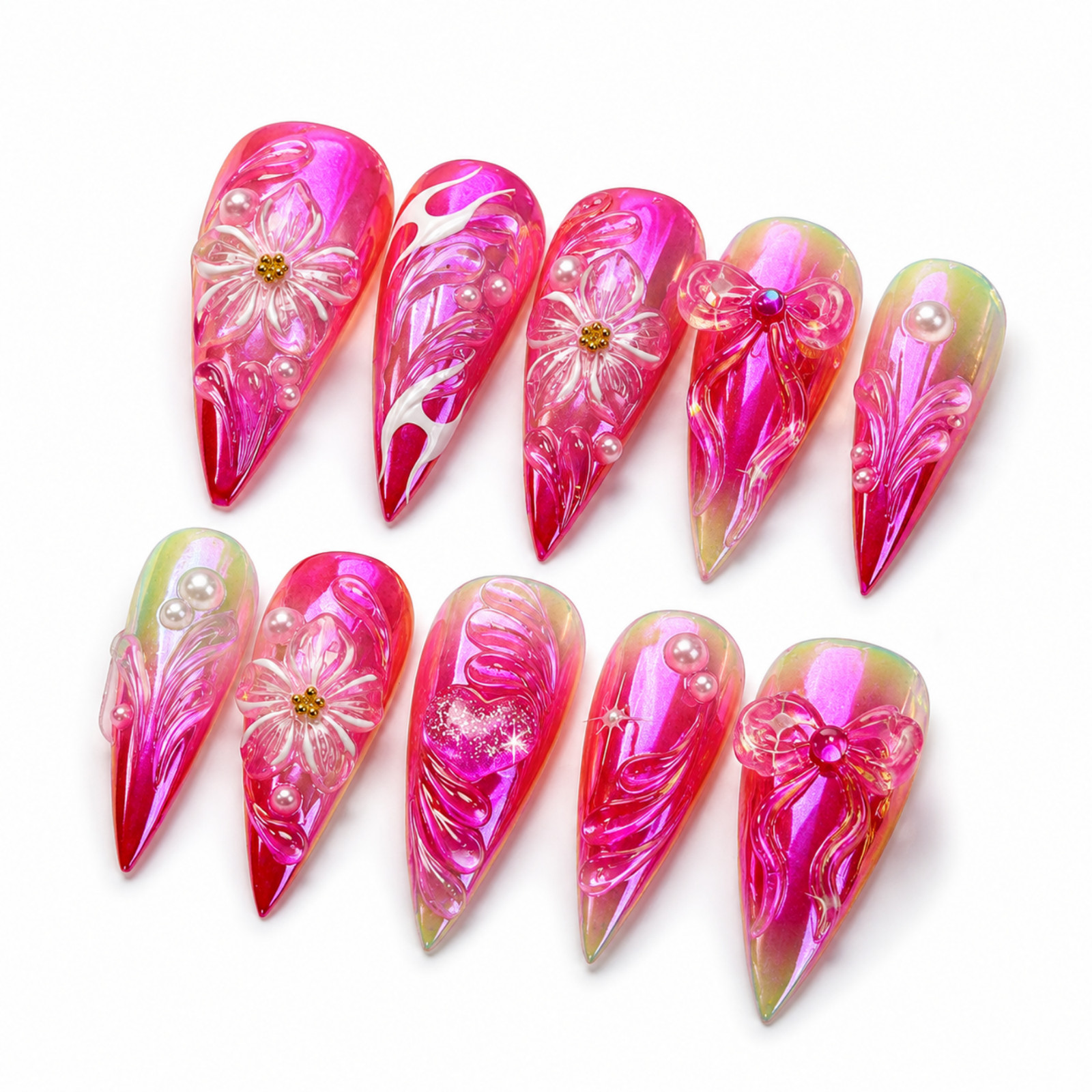 Handmade Pink Chrome 3D Floral Bow Pearl Press On Nails Custom Set