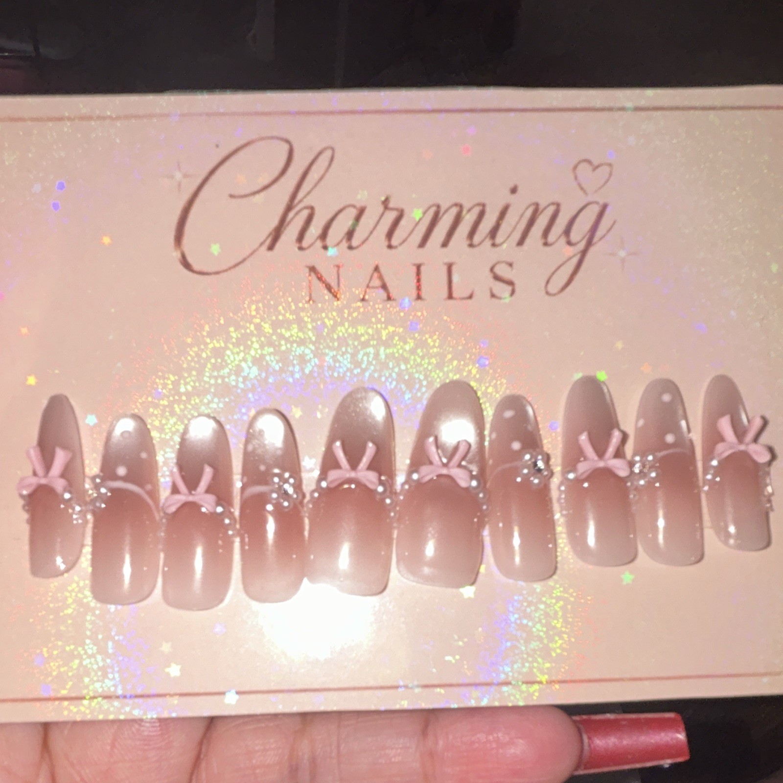 Charming Nails Press-On Nails Long Coffin Shiny Pink Full Cover Pre-Designed