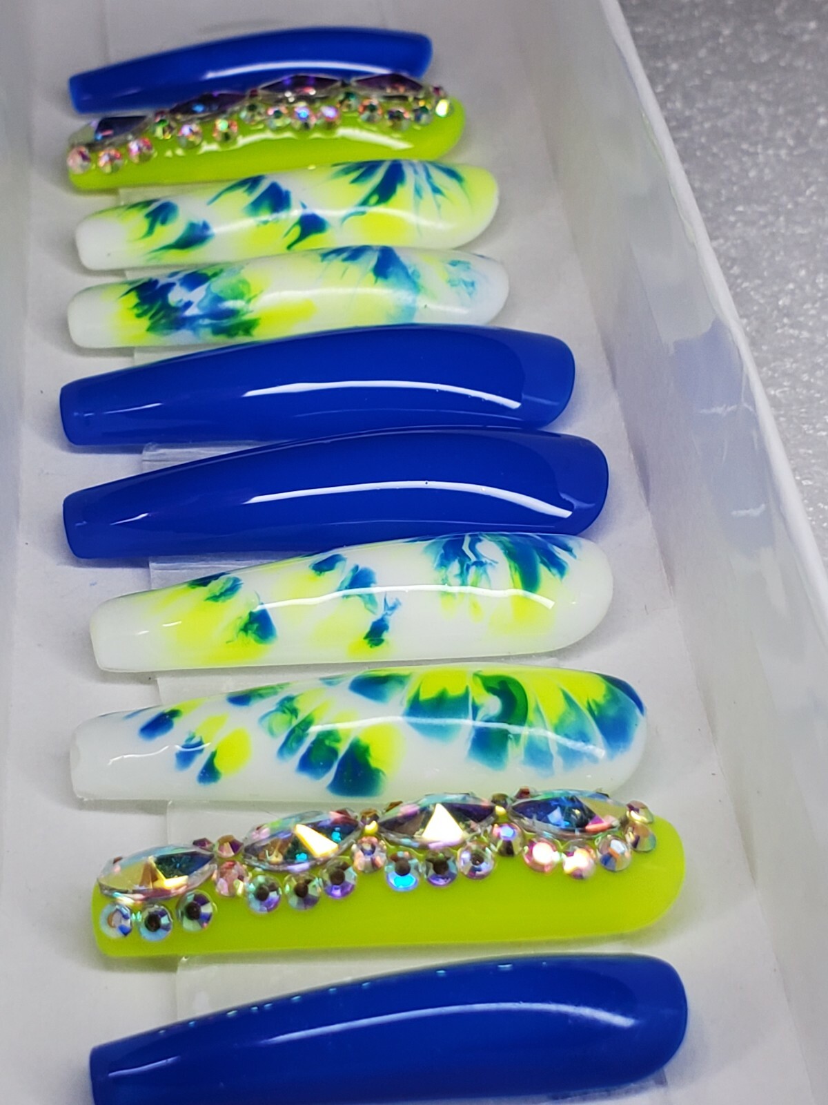Extra long neon yellow & blue tie dye bling press on nails barbie xl coffin