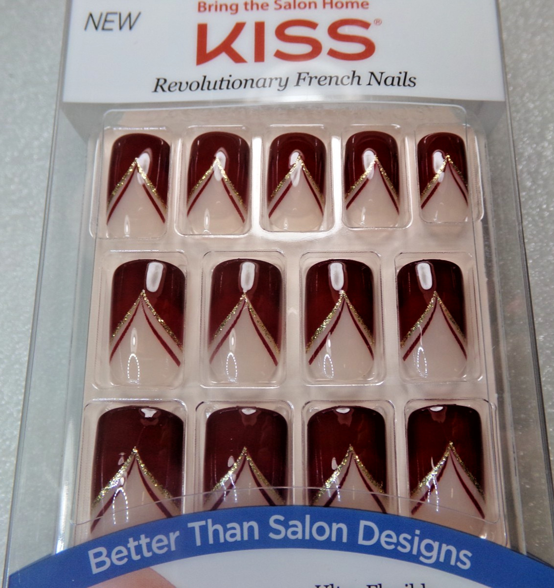 KISS Revolutionary French Nails Burgundy RED GLUE ON Medium -Square KFD02