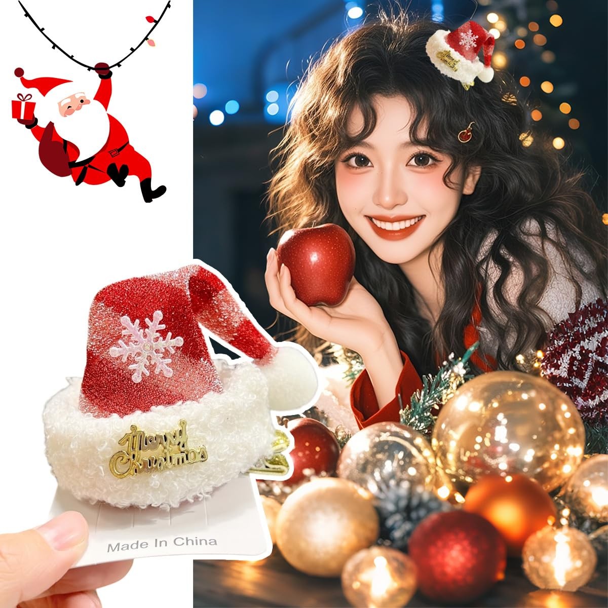 2Pcs Christmas Hair Clips Mini Hat 1 Count (Pack of 2), Red