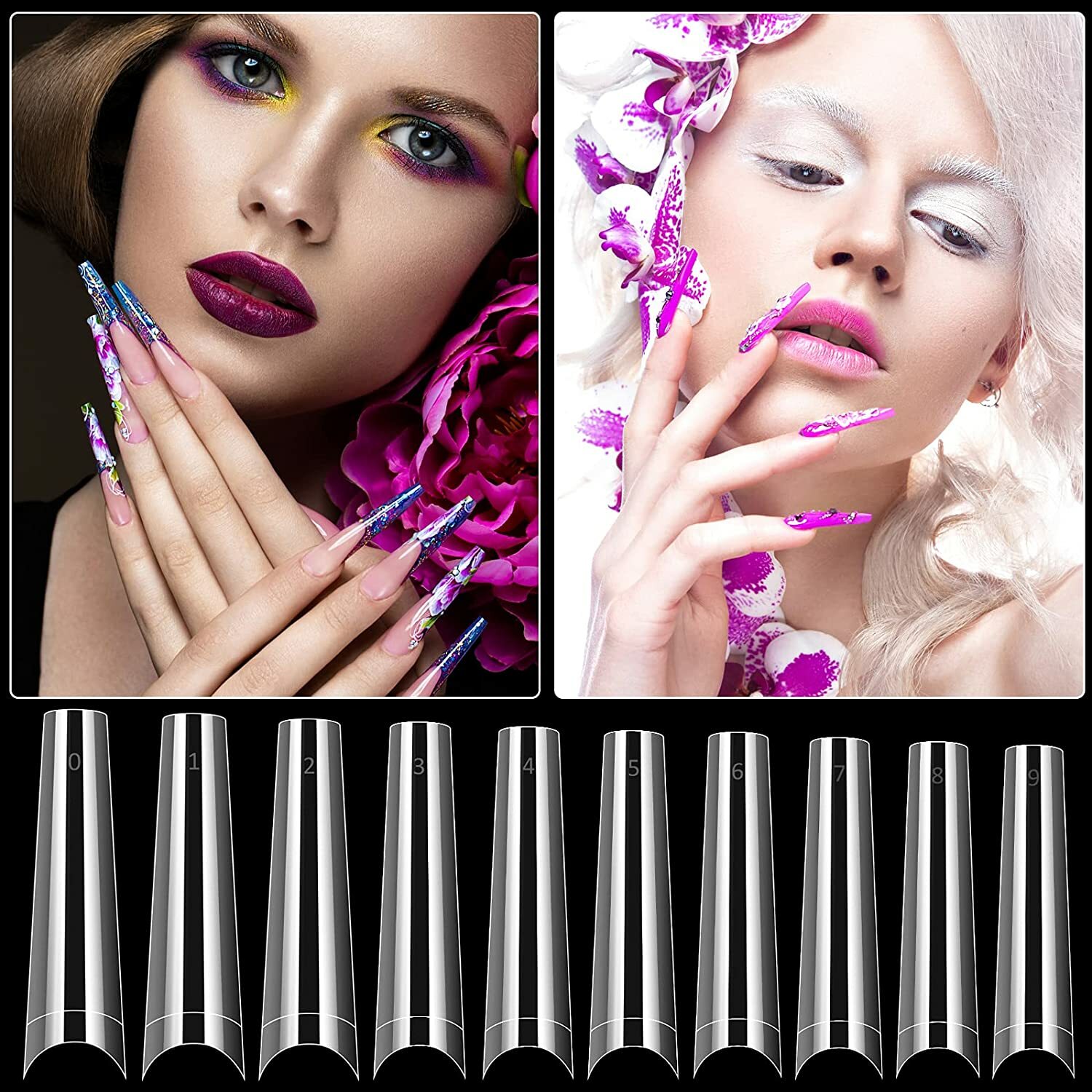 XXL, XXXL No C Curve Coffin, Square, Stiletto Acrylic Nail Tips Fast Shipping