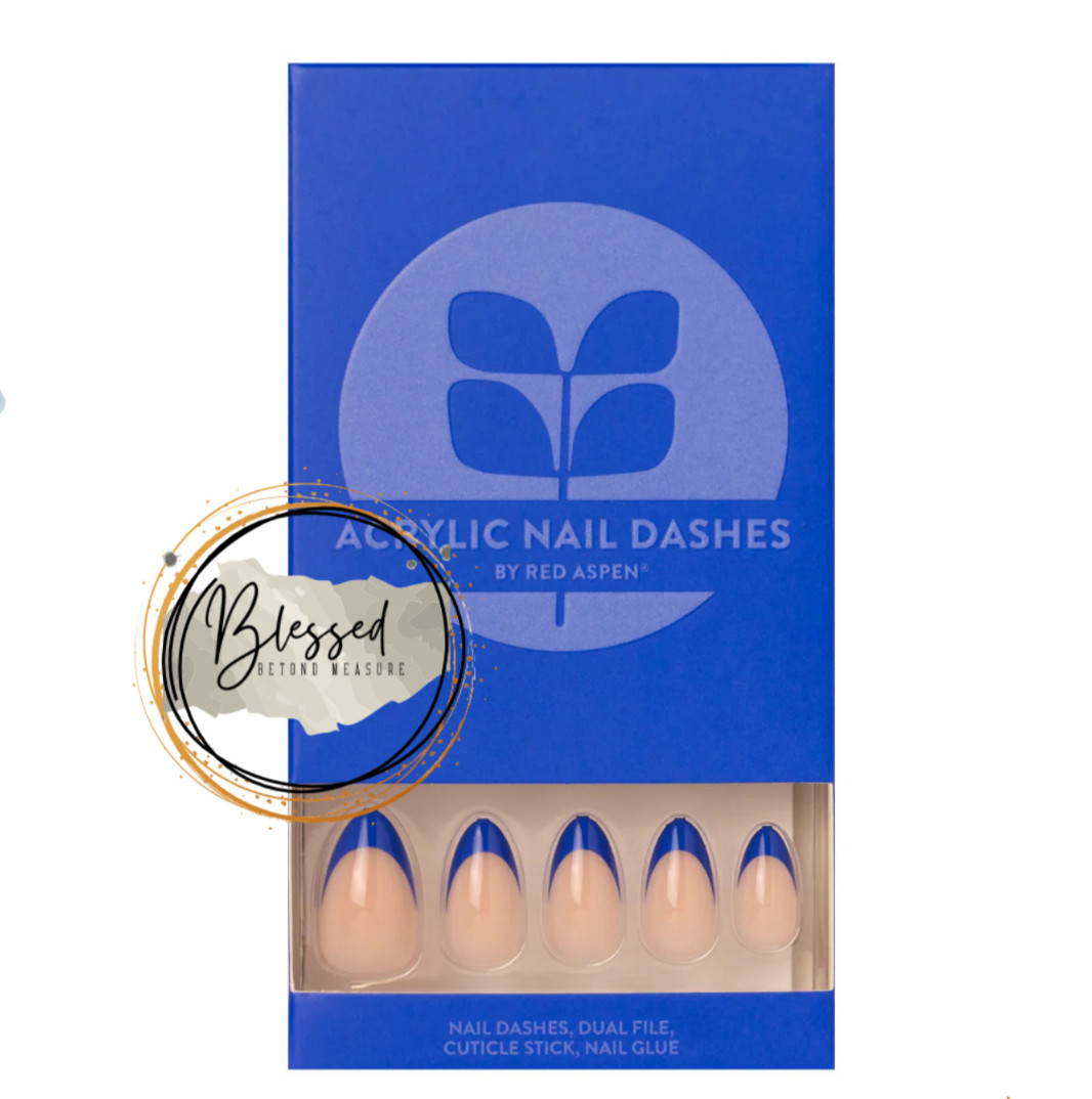Red Aspen Press On Nails- Spirited Spencer-ACRYLIC Blue French Medium Almond