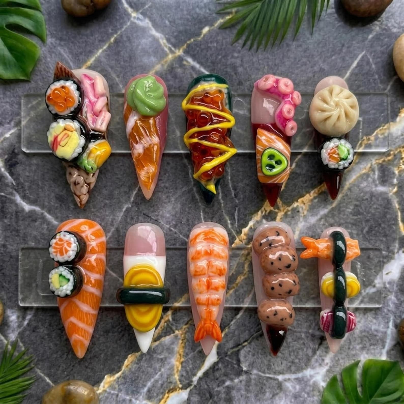Handmade 3D Sushi Shrimp Dumpling Wasabi Food Long Stiletto Press on Nails Set