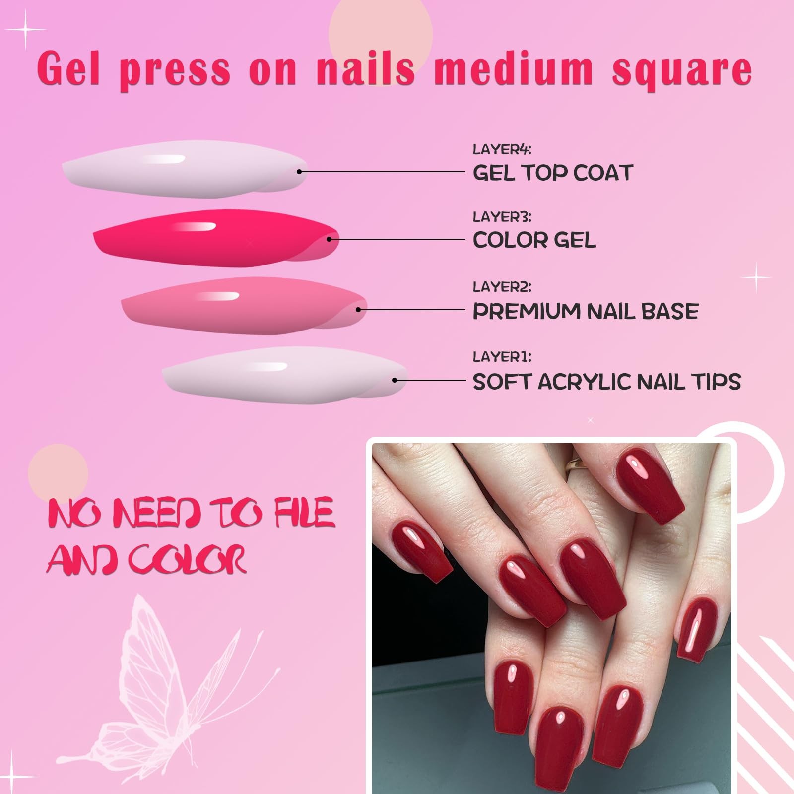 AddFavor 240pcs Red Press on Nails Medium Square Fake Nails, 10 Size,