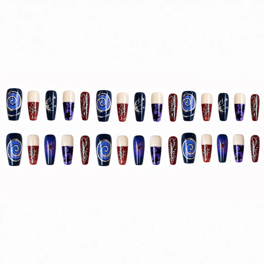 48pcs Long Taper Press on Nails, Purple Blue Ombre Moon Star Silver Swirl Nails