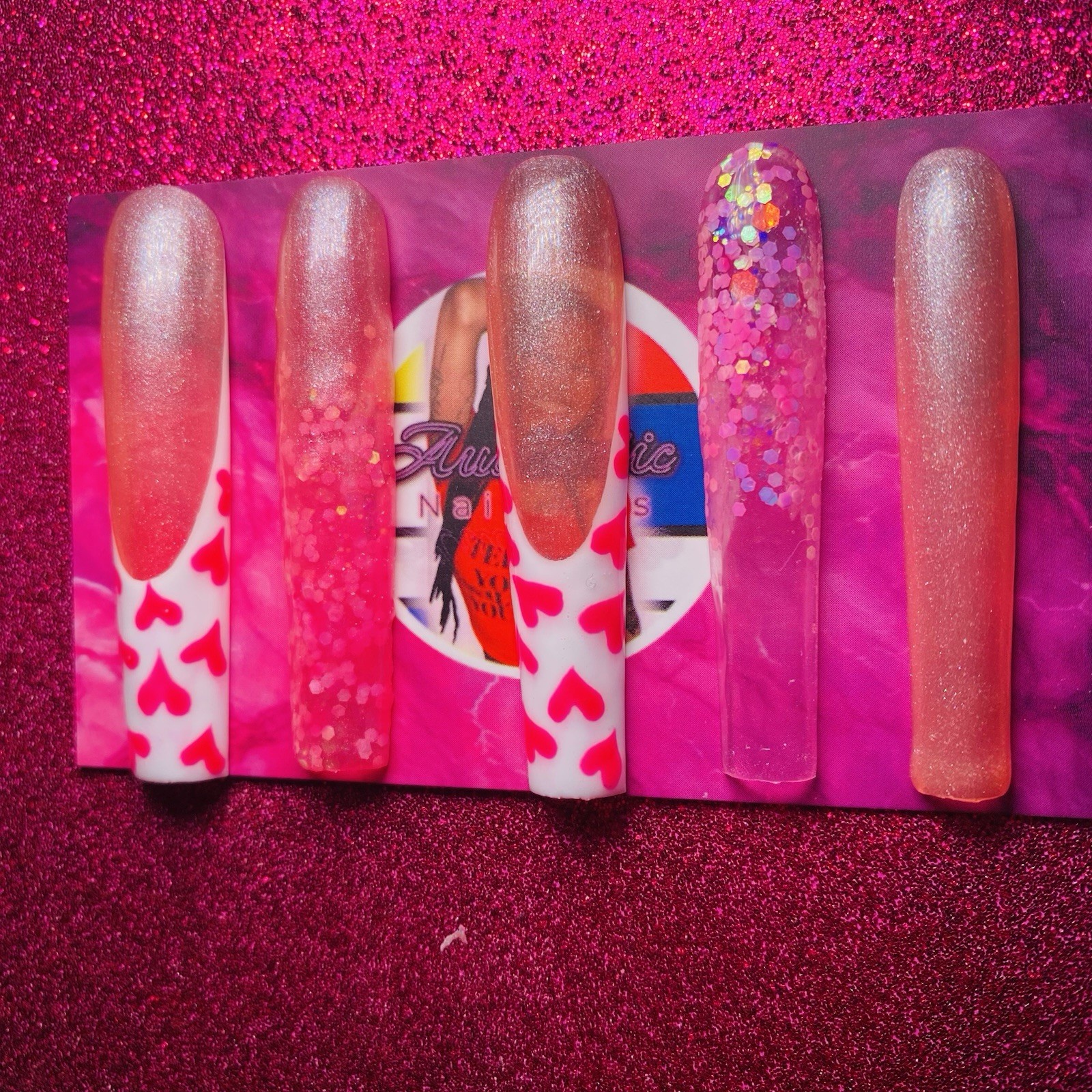 Authentic Nail Arts by Dia Square Press-On Nails Long Pink Hearts Glitter