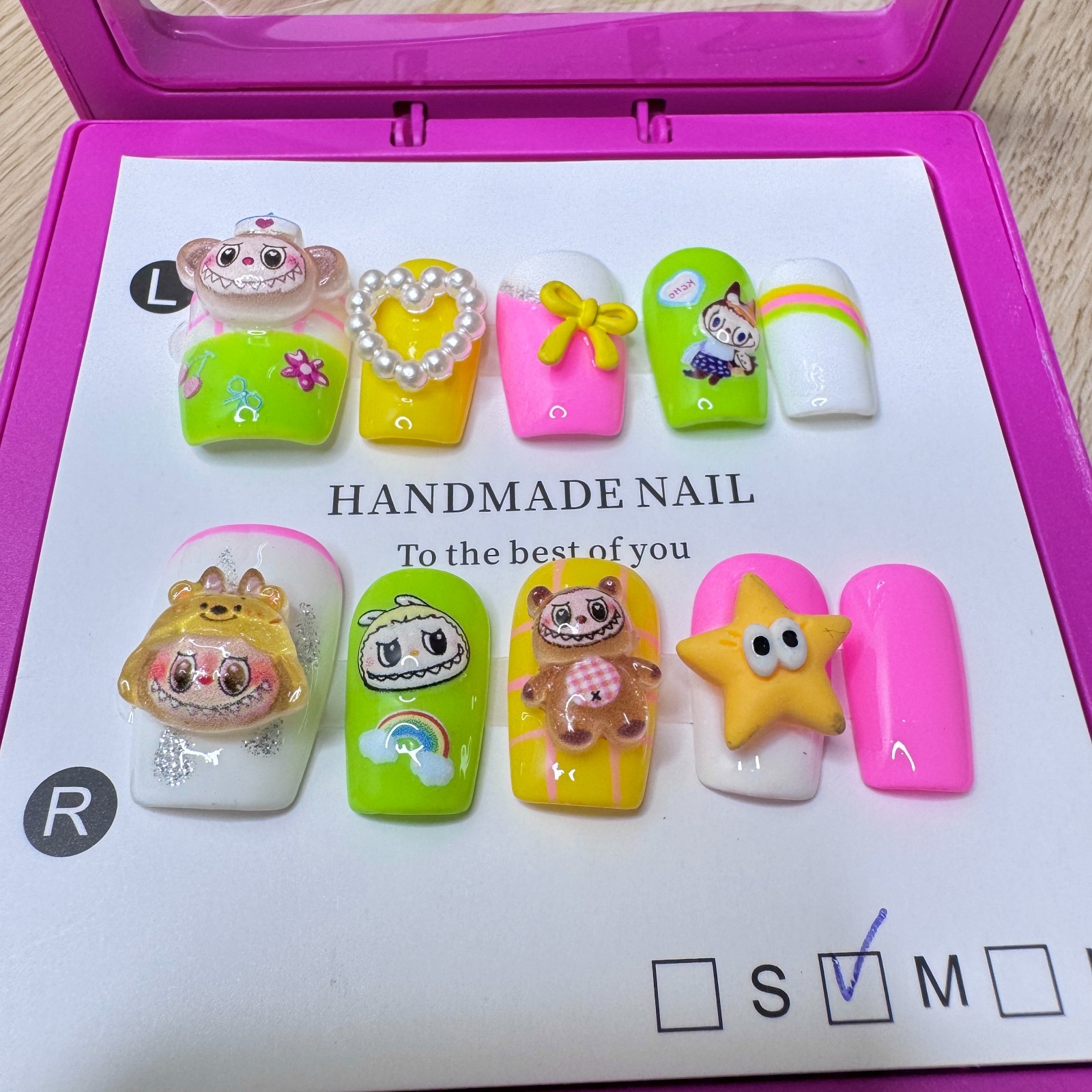 Handmade Hard Gel Press on Nail Art Kit Sz M Labubu Blue Characters Pink Square