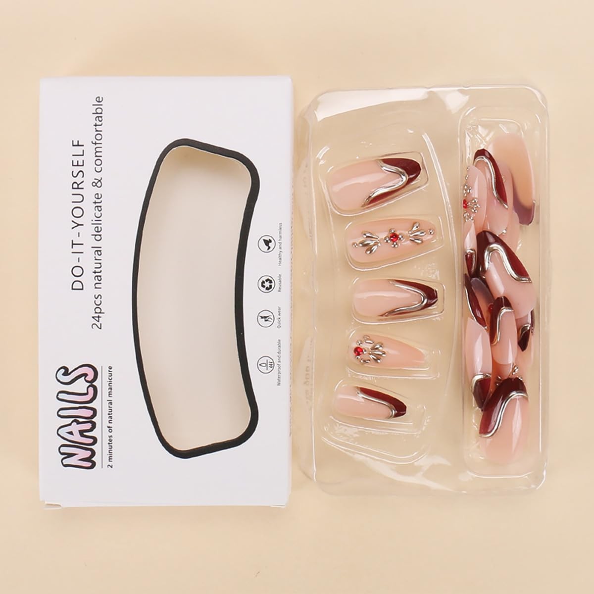24Pcs Red French Tip Press on Nails Medium Almond Acrylic False Nails with Go…