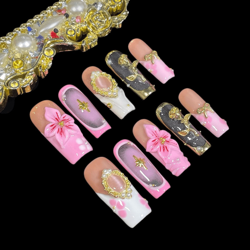 10Pcs Pink Rose Floral Press on Nails Rhinestone Pearl Bow Glam Fake Nails