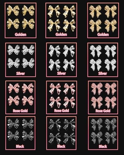 120 Pcs Alloy Bow Nail Charms and Gems, Silver Gold Black Bowknot Metal Nail