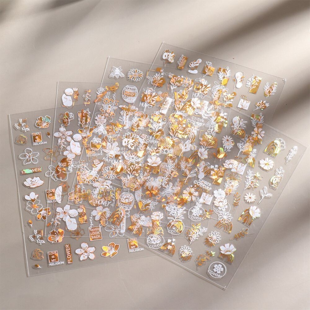 6Pcs Abstract Face Design White Gold 3D Laser Holographic Nail Stickers NS18