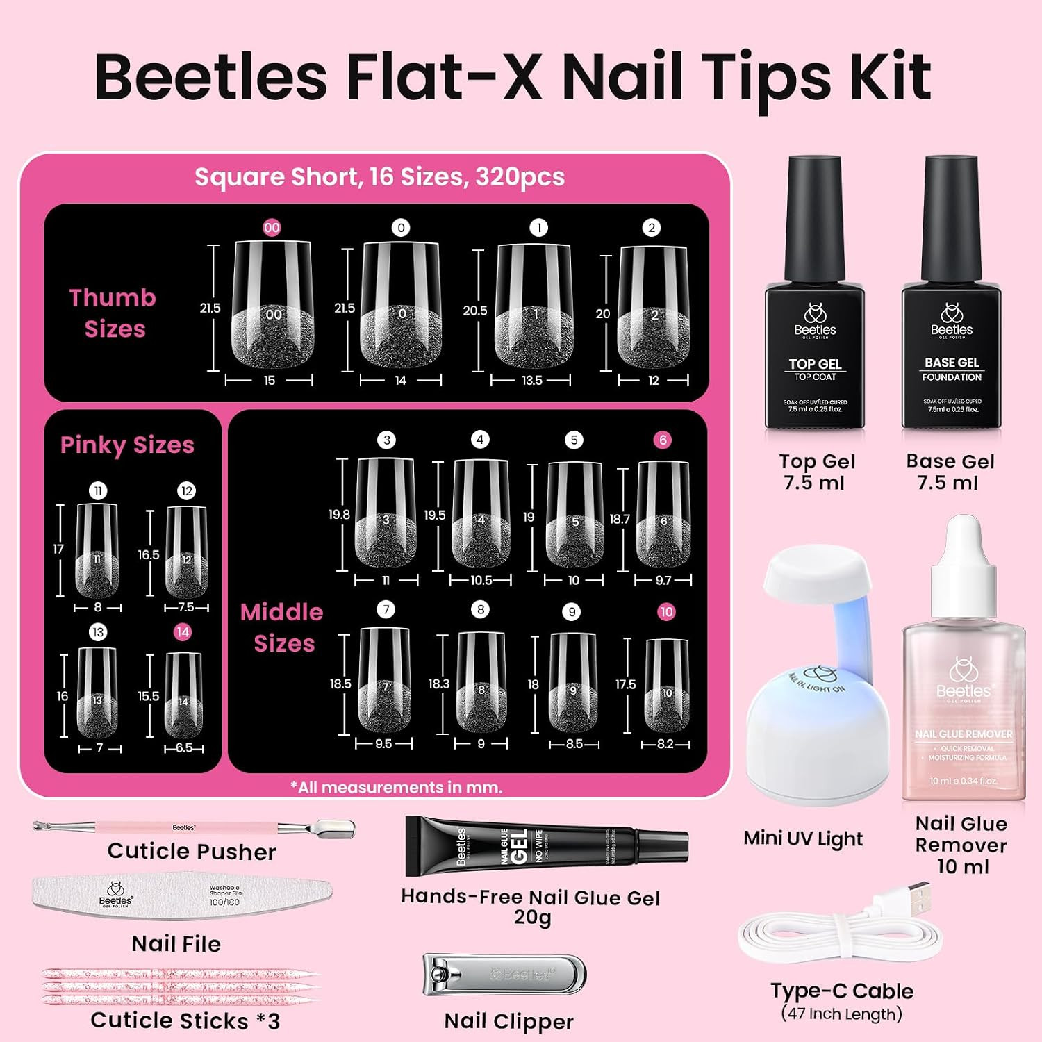 Gel Nail Kit Flat-X, Square Short, 320Pcs 16 Sizes Nail Tips | 20G Nail Glue Han