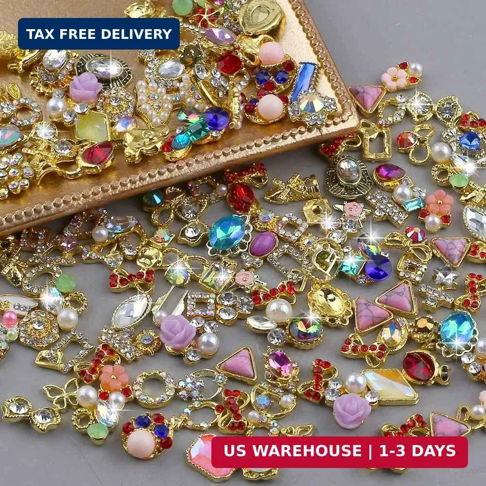 50pcs 3D Gold Nail Charms for Acrylic Nails Mix Styles Rhinestones for Nails Met