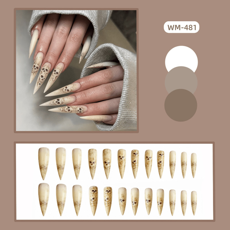 48 Pcs Vintage Skull Long Stiletto Press on Nails, Edgy Gothic Trendy Fake Nails