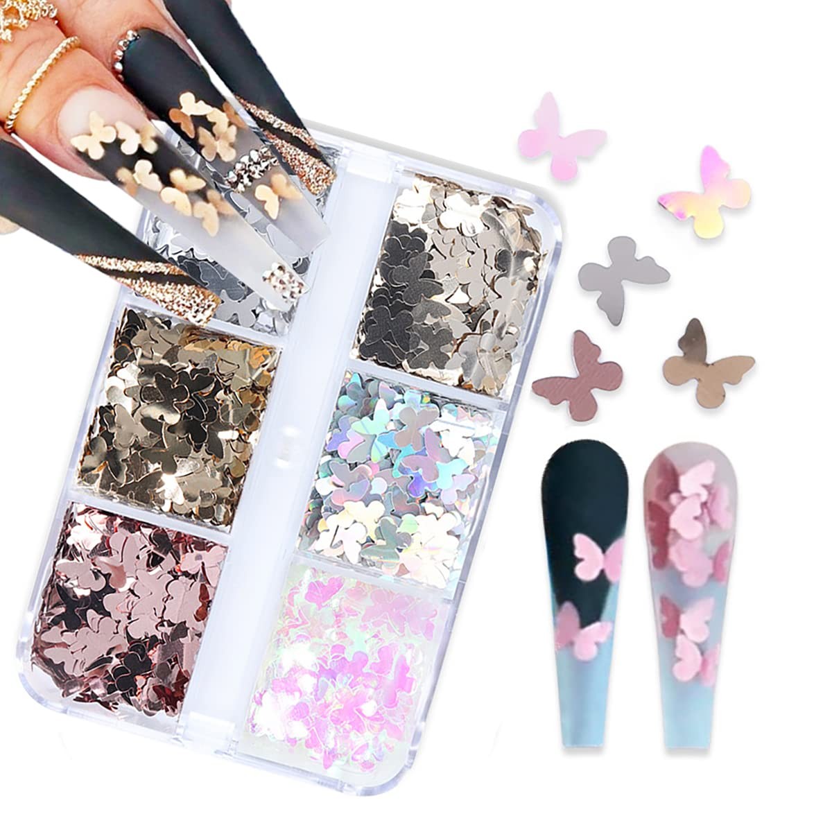 6 Grids Holographic Butterfly Nail Art Glitter Sequins 3D Sparkly Laser Butte…