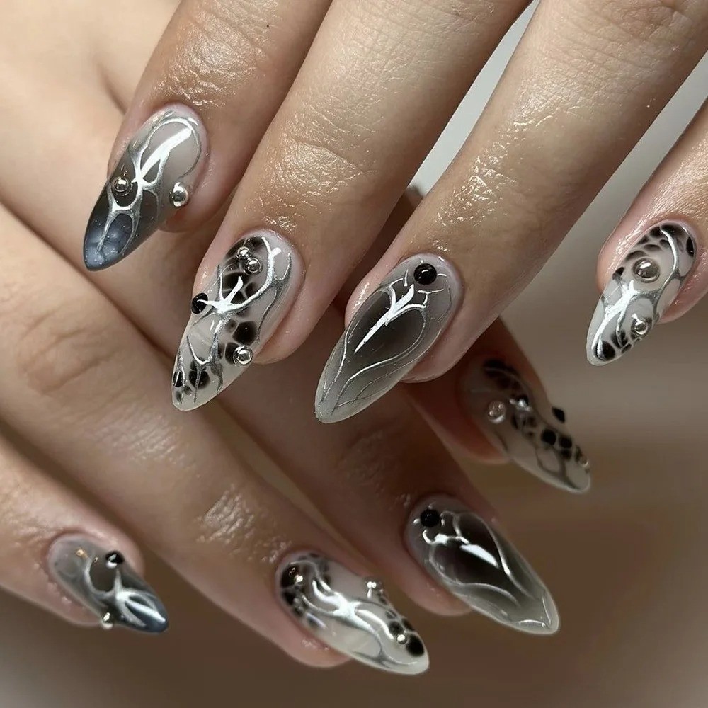 5PCS Almond Press On Nails Black Silver Bow Diamond Y2K False Nails with Glue