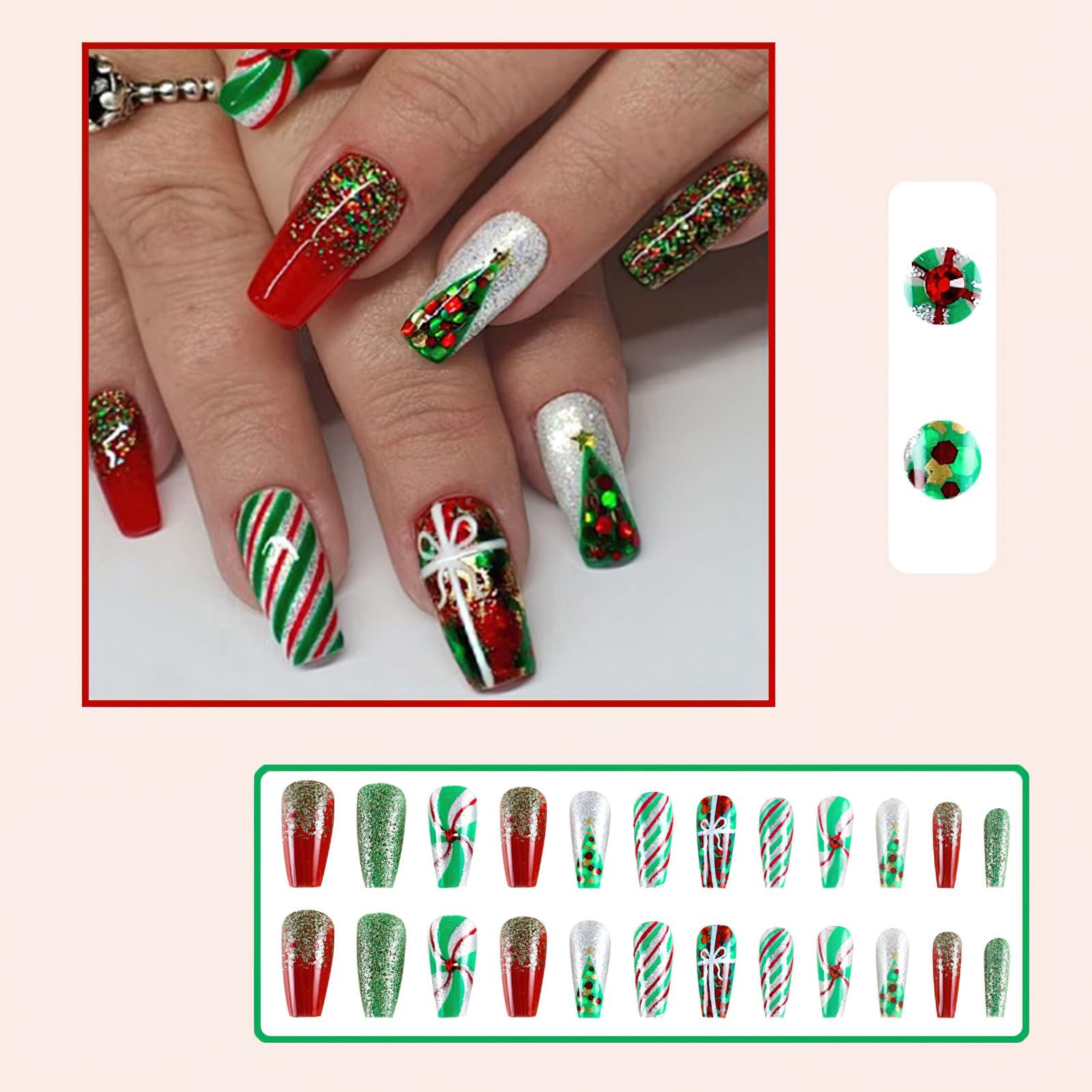 Christmas Press on Glitter Glue Nails 24pcs – Medium Square Coffin False Nail…
