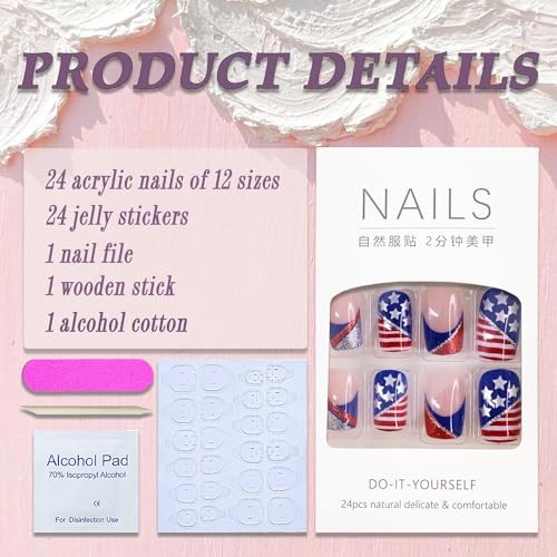 4th of July Press on Nails Medium Square French Tip Fake Nails Full ID Nails12