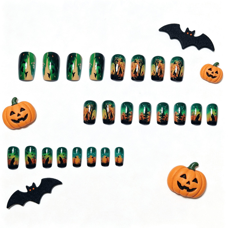 48Pcs Medium Oval Nails, Green Brown Tone, Forest Bird Silhouette