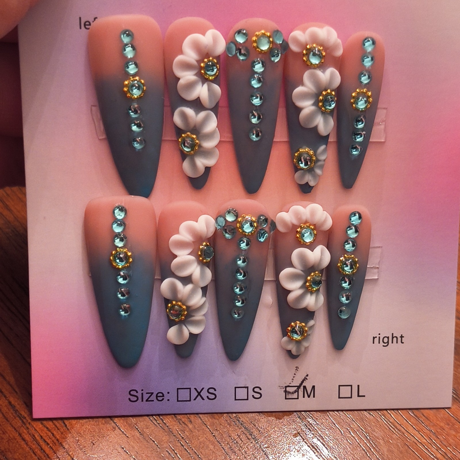 Press-On Nails Medium Stiletto Blue Pink Ombre 3D Flower Pre-Designed Medium