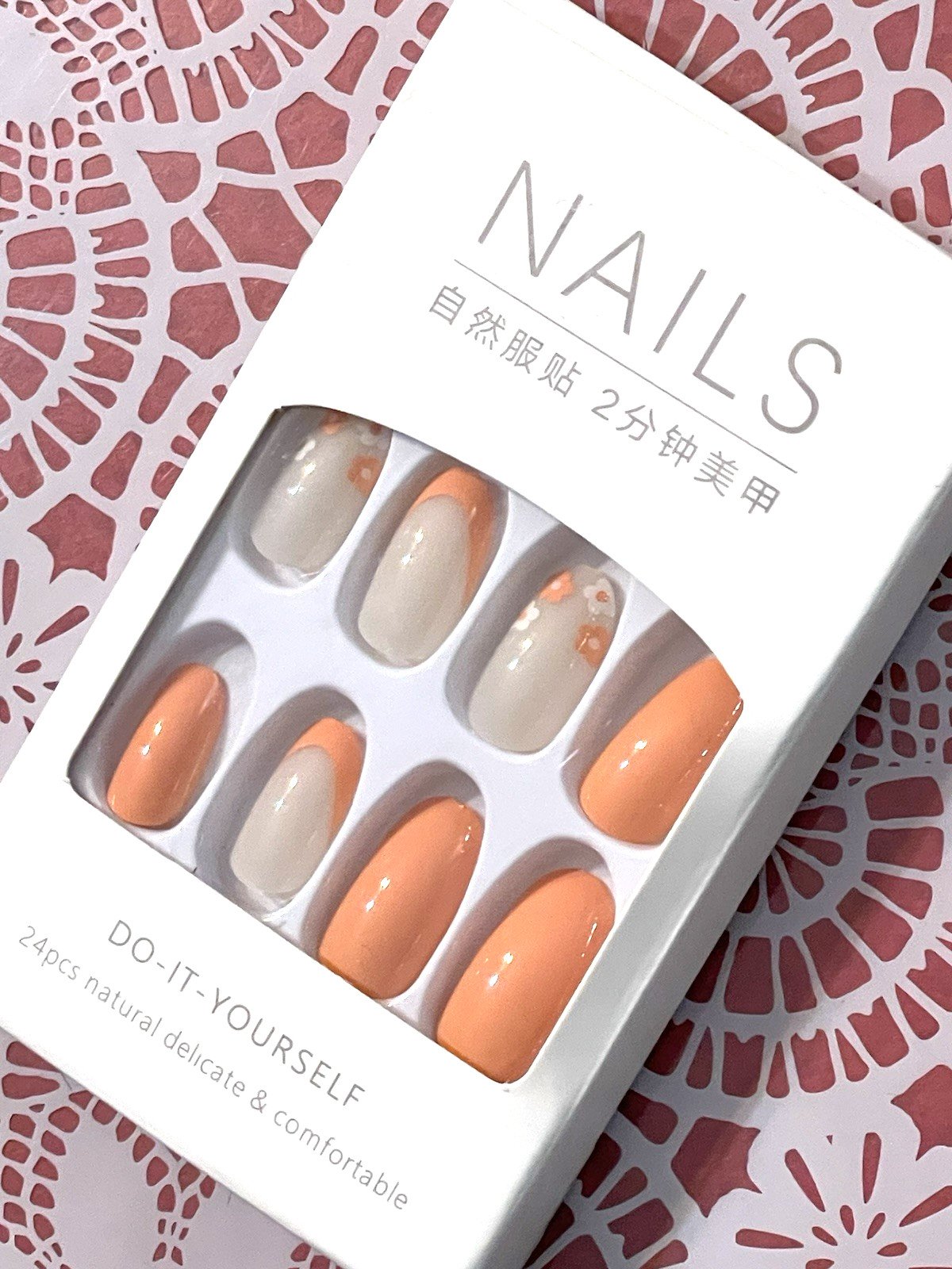 Nails Do It Yourself MILKY WHITE with PEACH FRENCH TIP & FLORAL DETAIL Press On