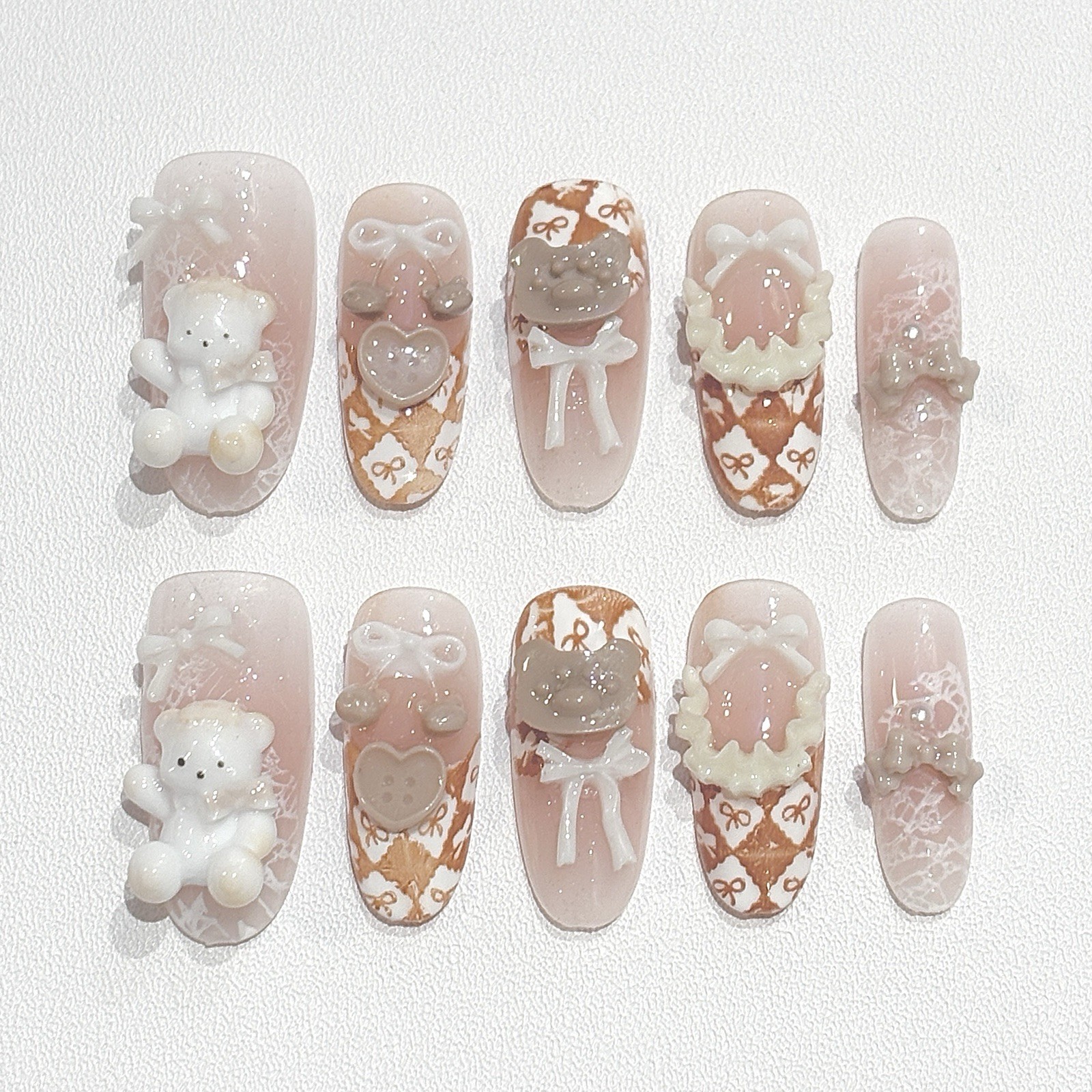 Cute Press On Nails Handmade 3D Teddy Bear Brown Checkered 10pcs Fake Nails Set