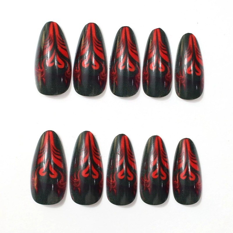 48 pieces of women’s long, thin, high-heeled black and red glossy fake nail art