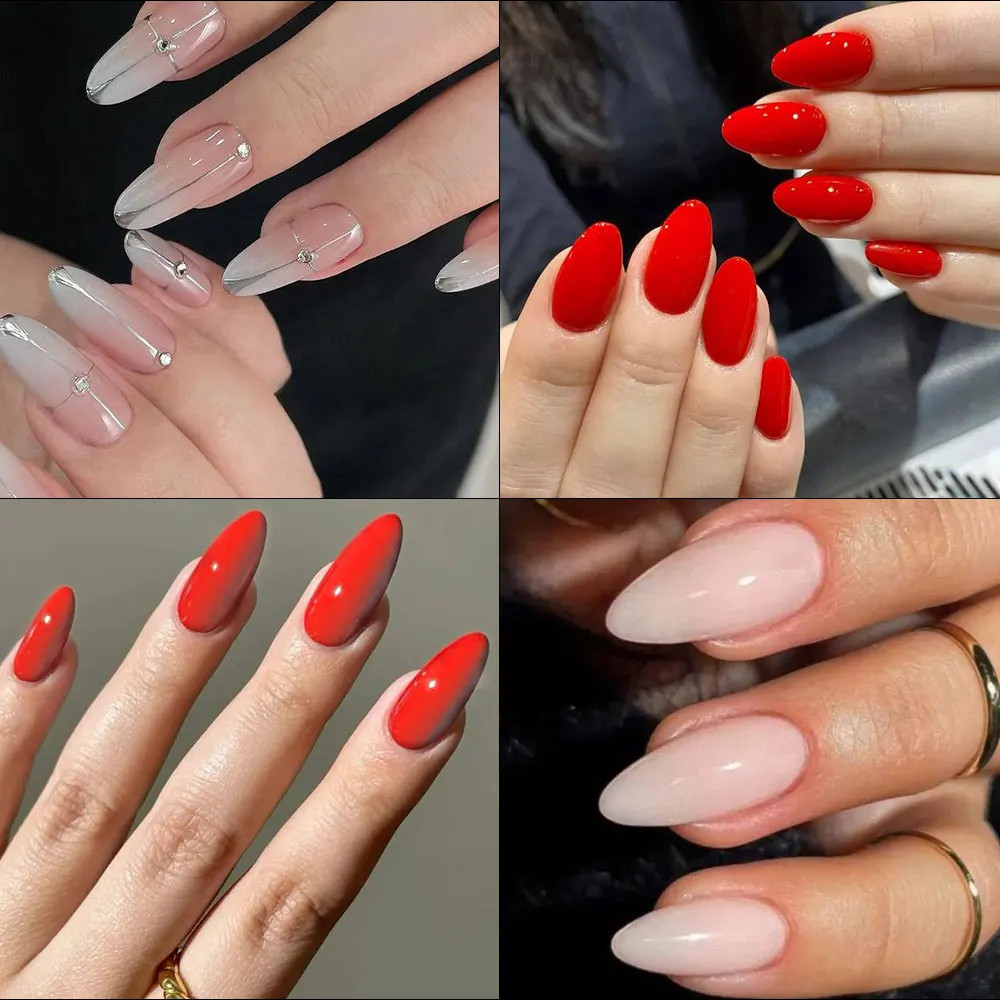 120Pcs Short Almond Press On Nails Cherry Red Milky White Fake Nails