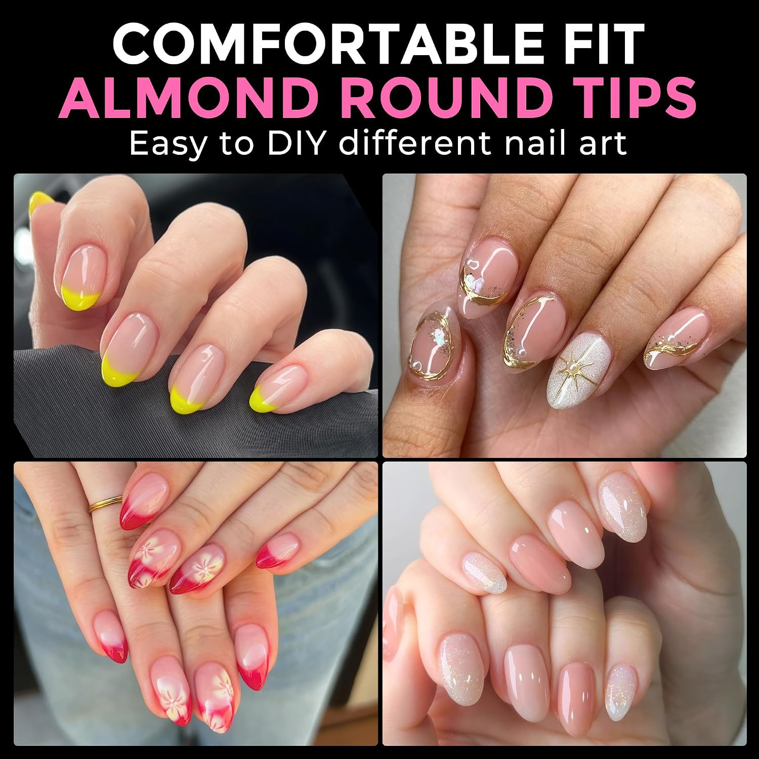 Short Almond round Fake Nails 216Pcs Almond Press on Nails Pre-Shape Oval Gel Na