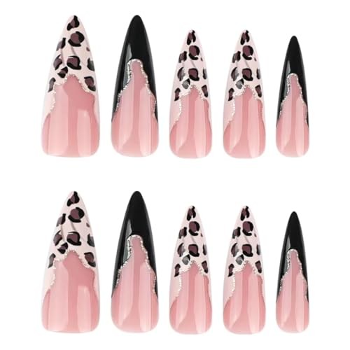 Long Press on Nails Almond Fake Nails with Leopard Print Standard Black French