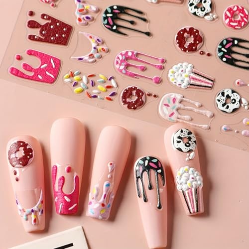 Embossed Dessert Nail Art Stickers – 5D Sweet Doughnut Chocolate Self-Adhesive