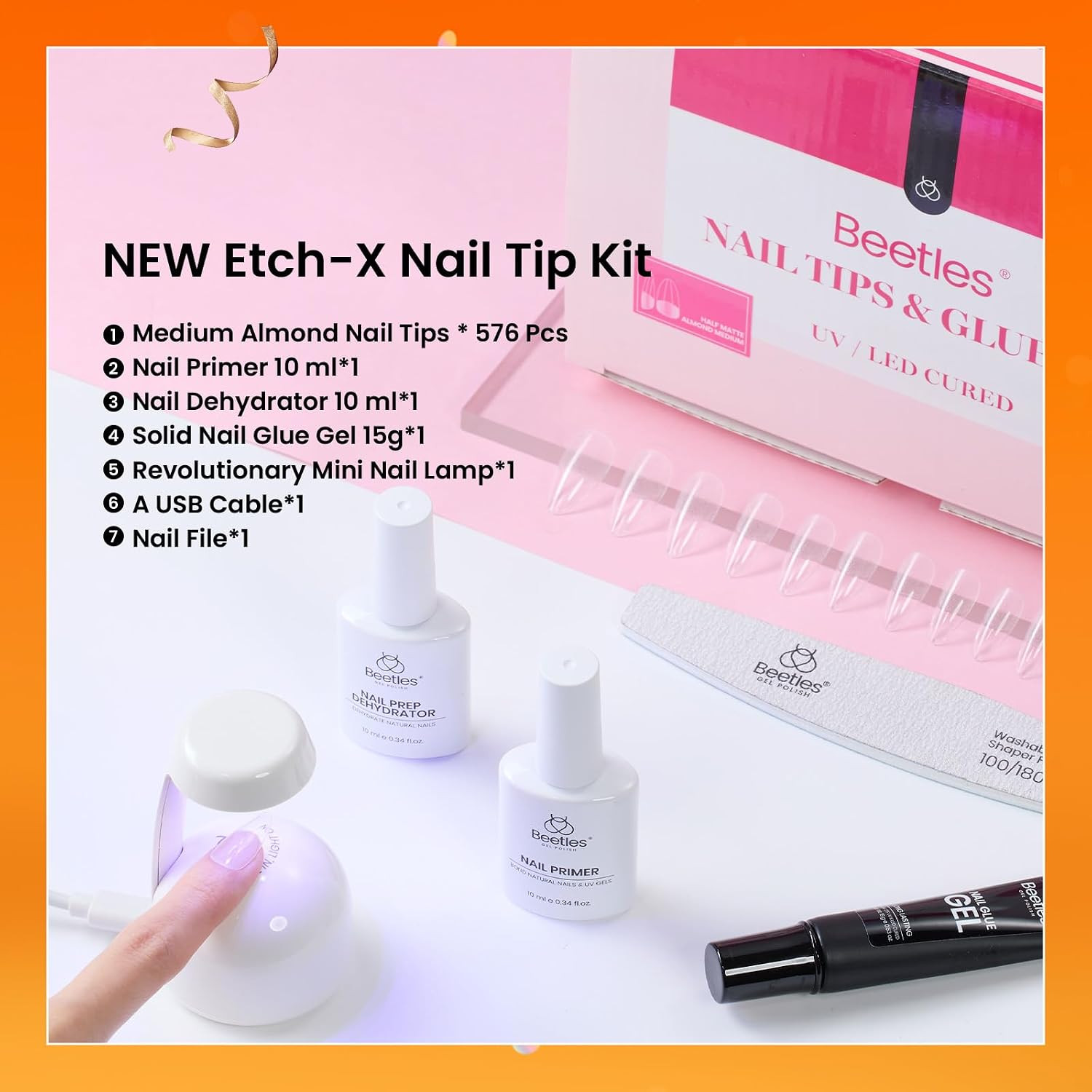 Etch-X Medium Almond Gel Nail Kit, 576 Pcs Half Matte Tips, Includes Dehydrator,
