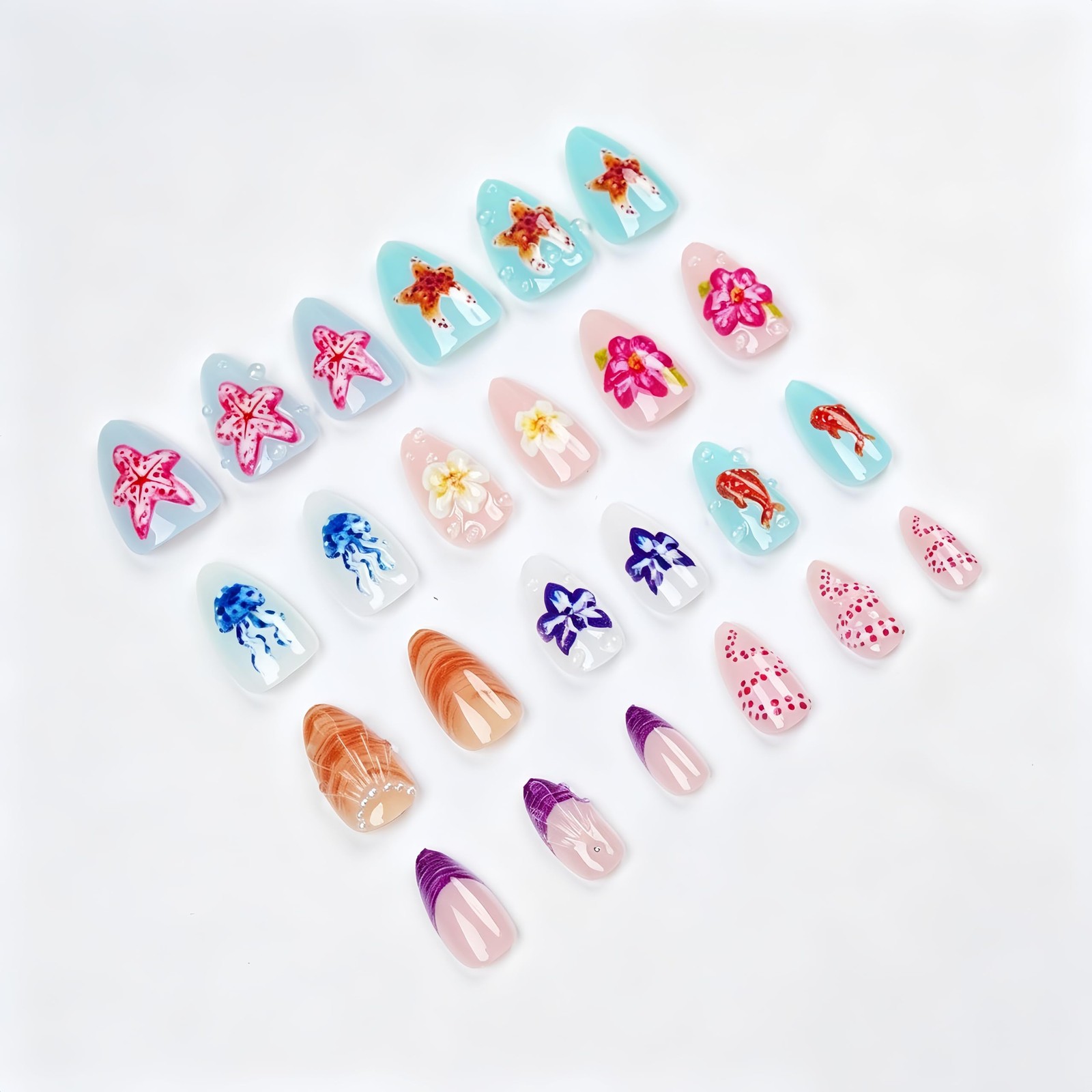 24Pcs Summer Beach Press on Nails Short Almond French Tips Fake Nails Colorfu…