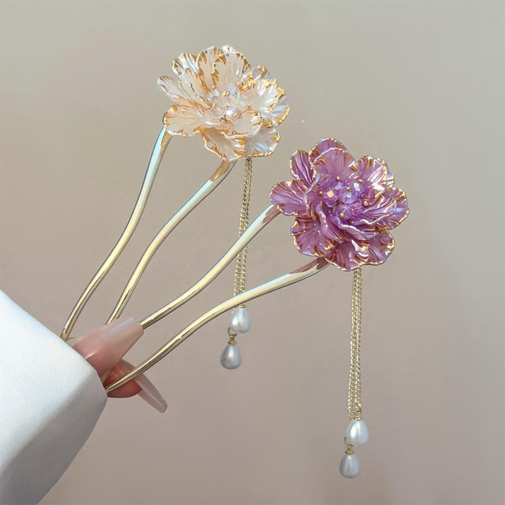 Vintage Pearl Chinese Hair Sticks, Pink 1 Count (Pack of 2), And Gold