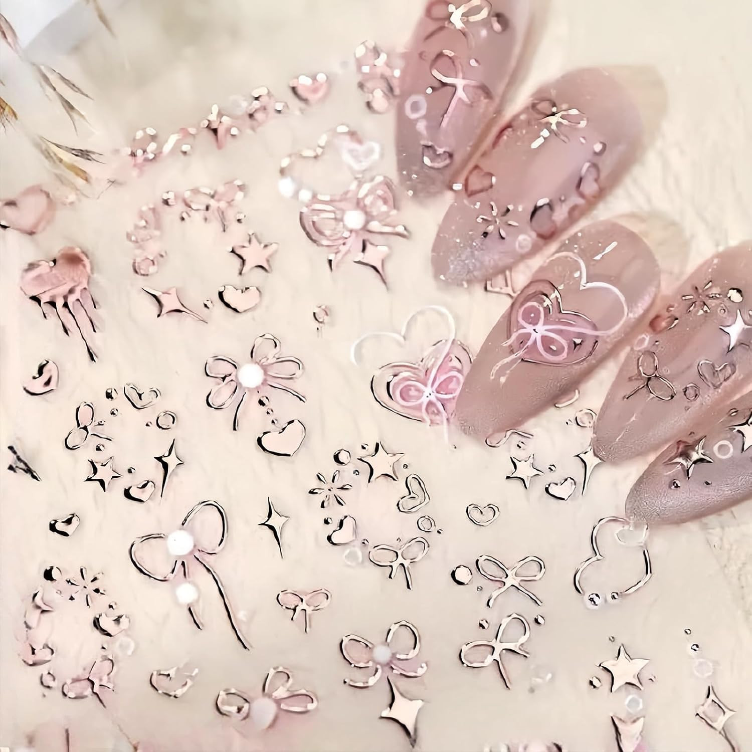 1 Sheet Bow Nail Art Stickers 5D Self-Adhesive Glitter Pink Bows Nail Art Design