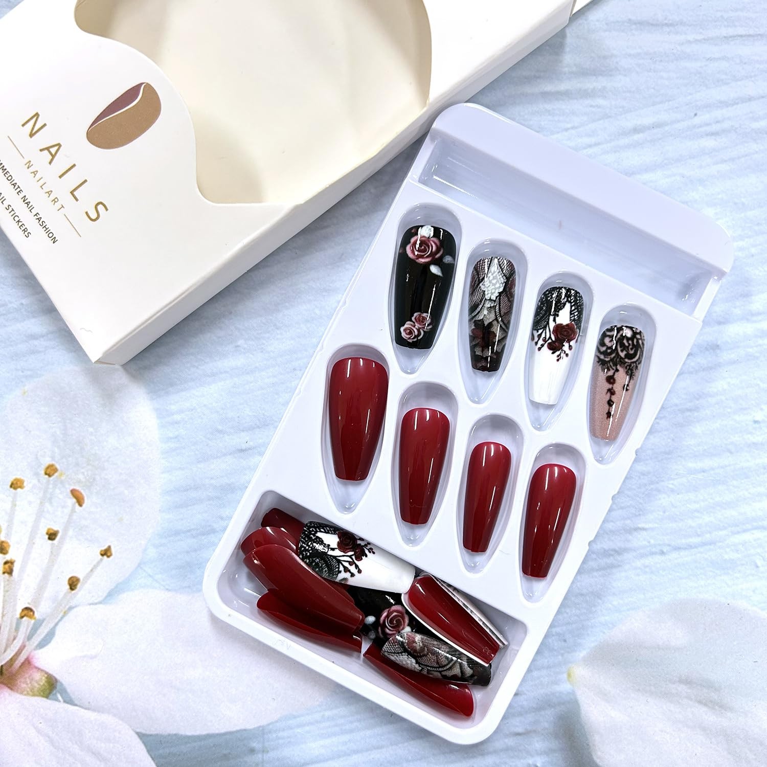24Pcs Flower False Nails Red Press on Medium 1 Fl Oz (Pack of 1), Multi