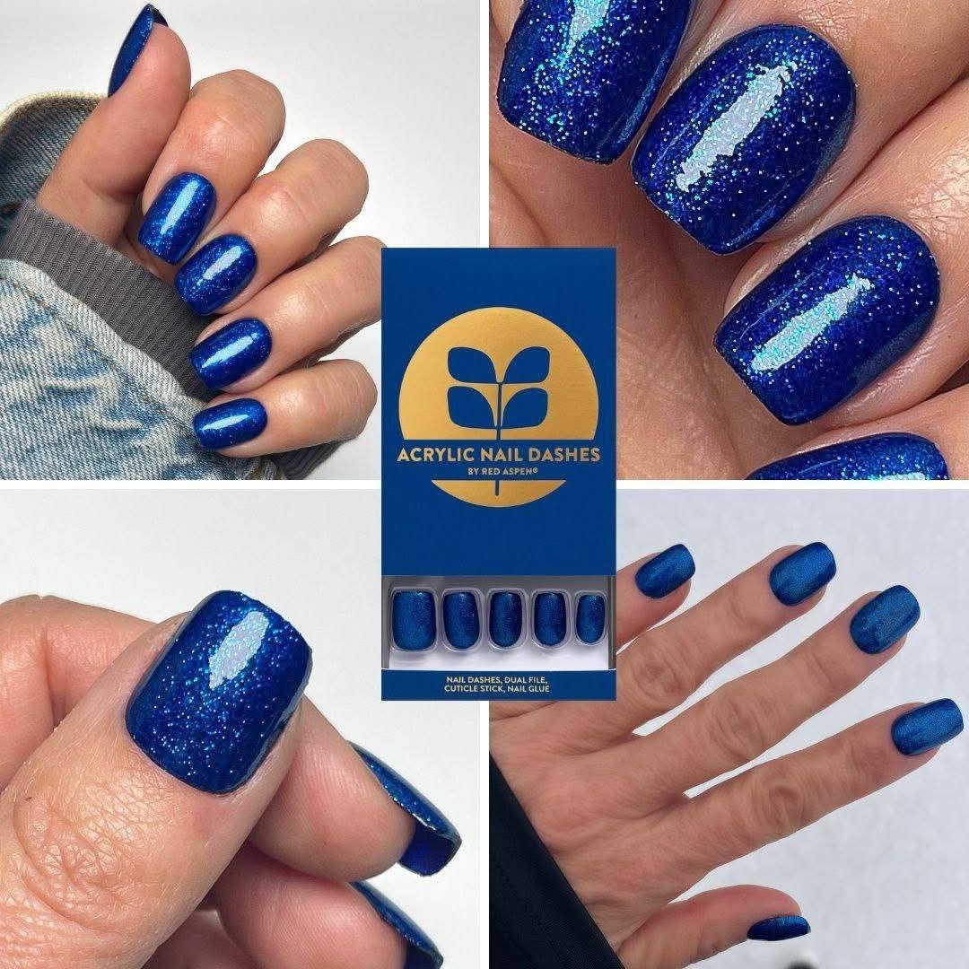 Red Aspen Press On Nails – Lustrous Leighton | Short Squoval | Blue Glitter