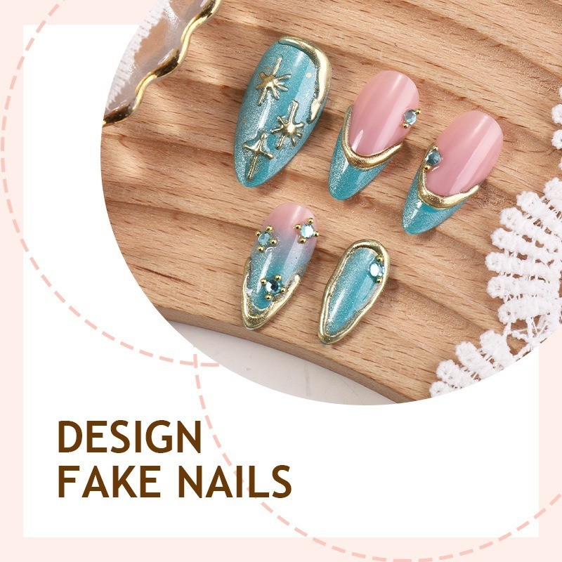 48Pcs-Teal Cat Eye Star Rhinestone Gold Line Long Elegant Almond Daily Nails