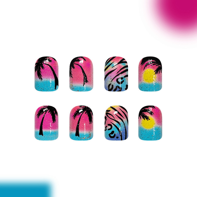 48P-Tropical Sunset Palm Tree Press on Nails Short Square Nail Art Set Handmade