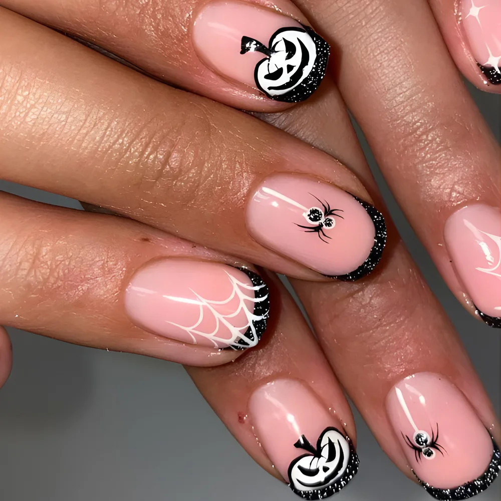 24pcs Halloween Spider Gothic Short Round Press On Nails