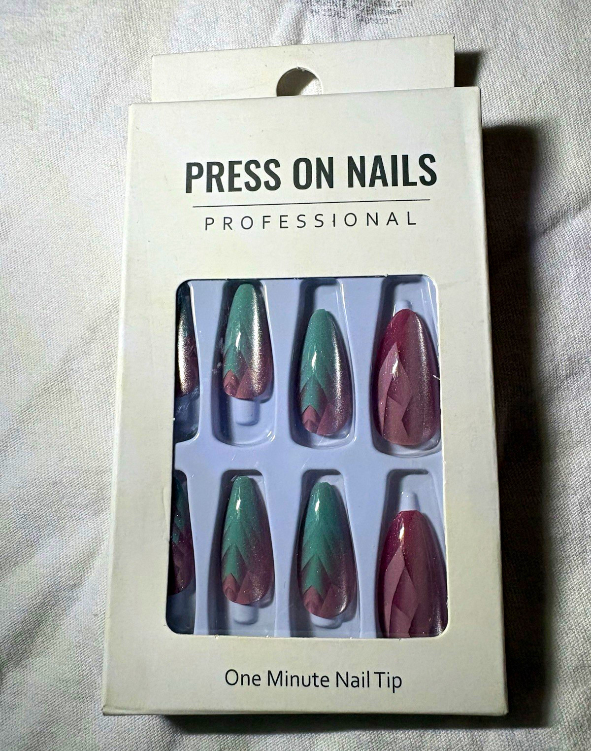 Long Coffin Press-On Nails Green Pink Shiny Geometric Full Cover QHW1537