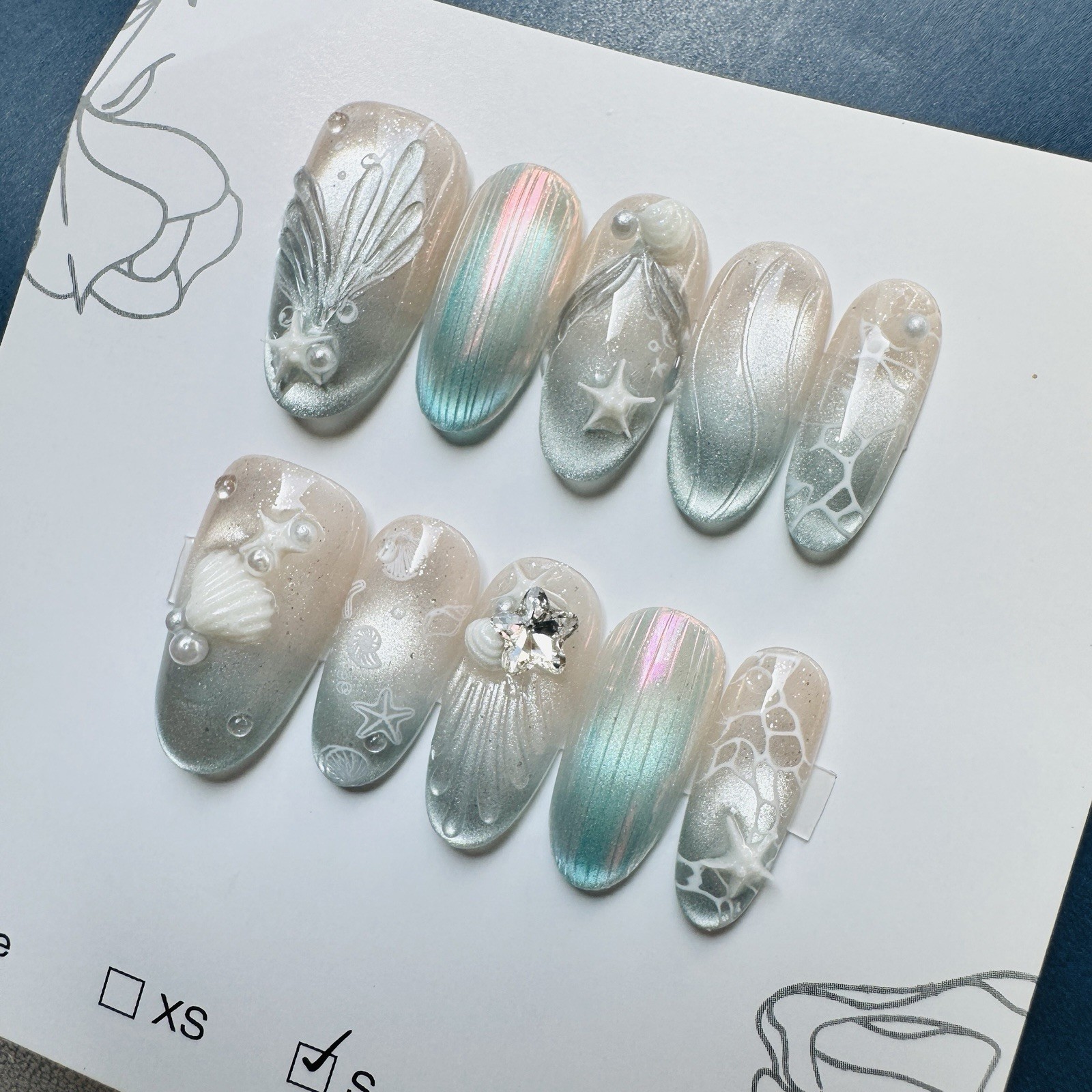Press-On Nails Long Oval Blue/Beige Ocean Theme Laser 3D Full Cover Handmade