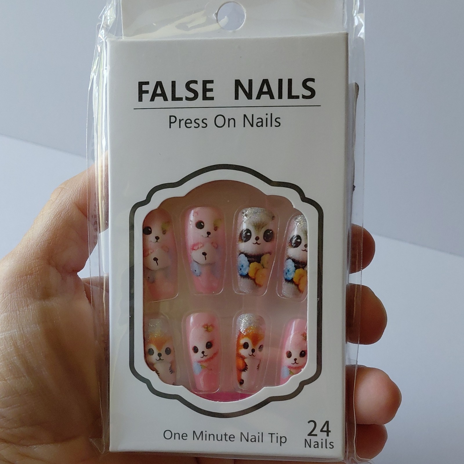 Animal Pre-Designed Press-On Nails Pink Glitter Coffin Acrylic Medium 24 BK2024