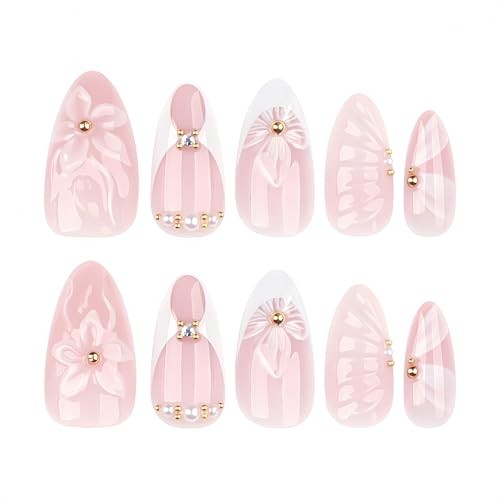 24Pcs White French Tip Press on Nails Medium Almond Fake Nails hibiscus flower