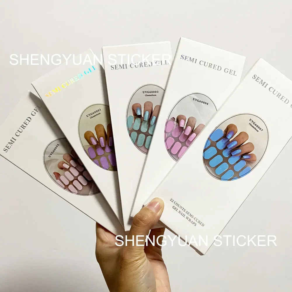22 Tips Semi Cured Gel Shinny Glitter Nails Stickers UV Nail Wraps Gel Decals